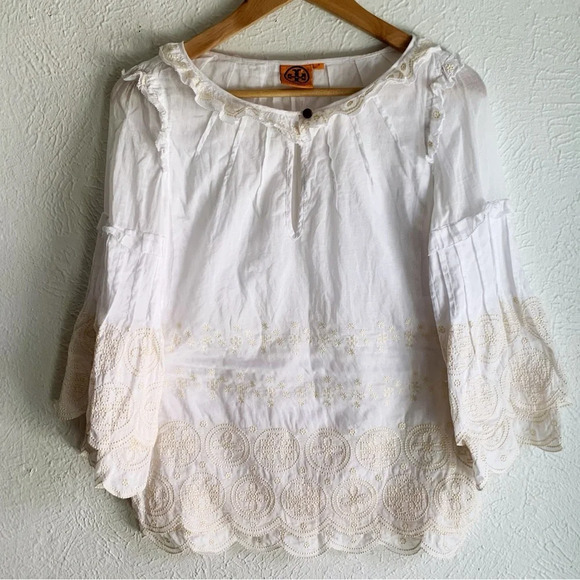 Tory Burch Chelsie Logo Embroidered Scallop Blouse White/Cream Sz 4 - Picture 2 of 8